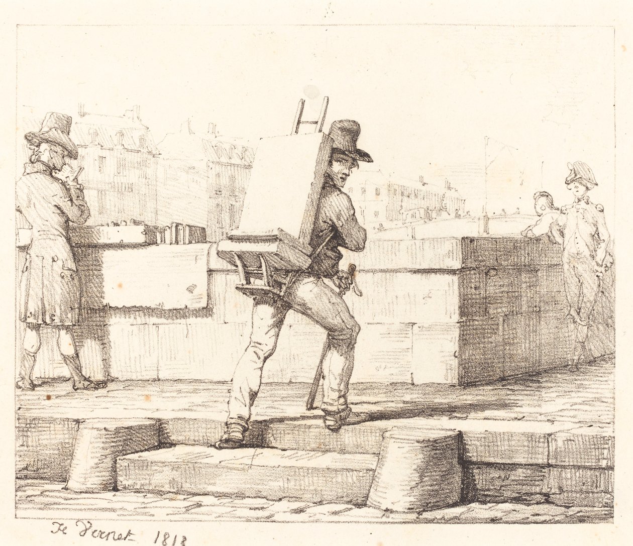 Artiste portant un chevalet avec une pierre lithographique - Emile Jean Horace Vernet