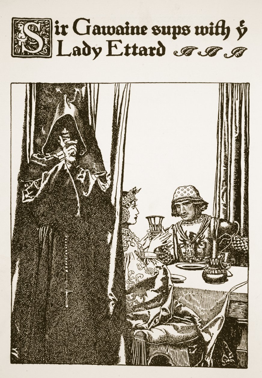 Sir Gawaine dîne avec la Dame Ettard, illustration de 
