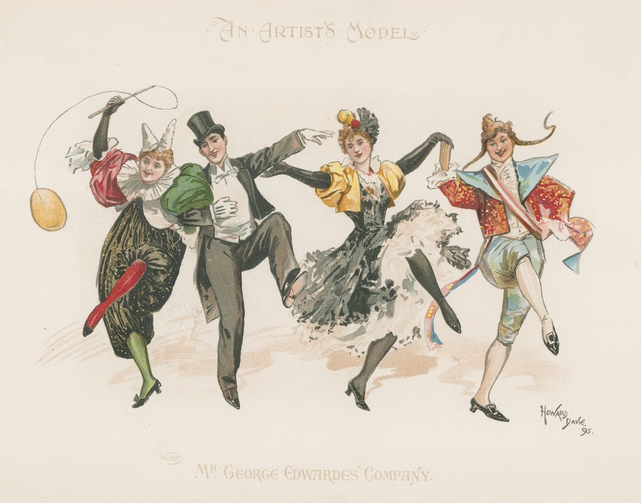 Un groupe de deux hommes et deux femmes, tous en costume, en train de danser (lithographie couleur) - Howard Davie