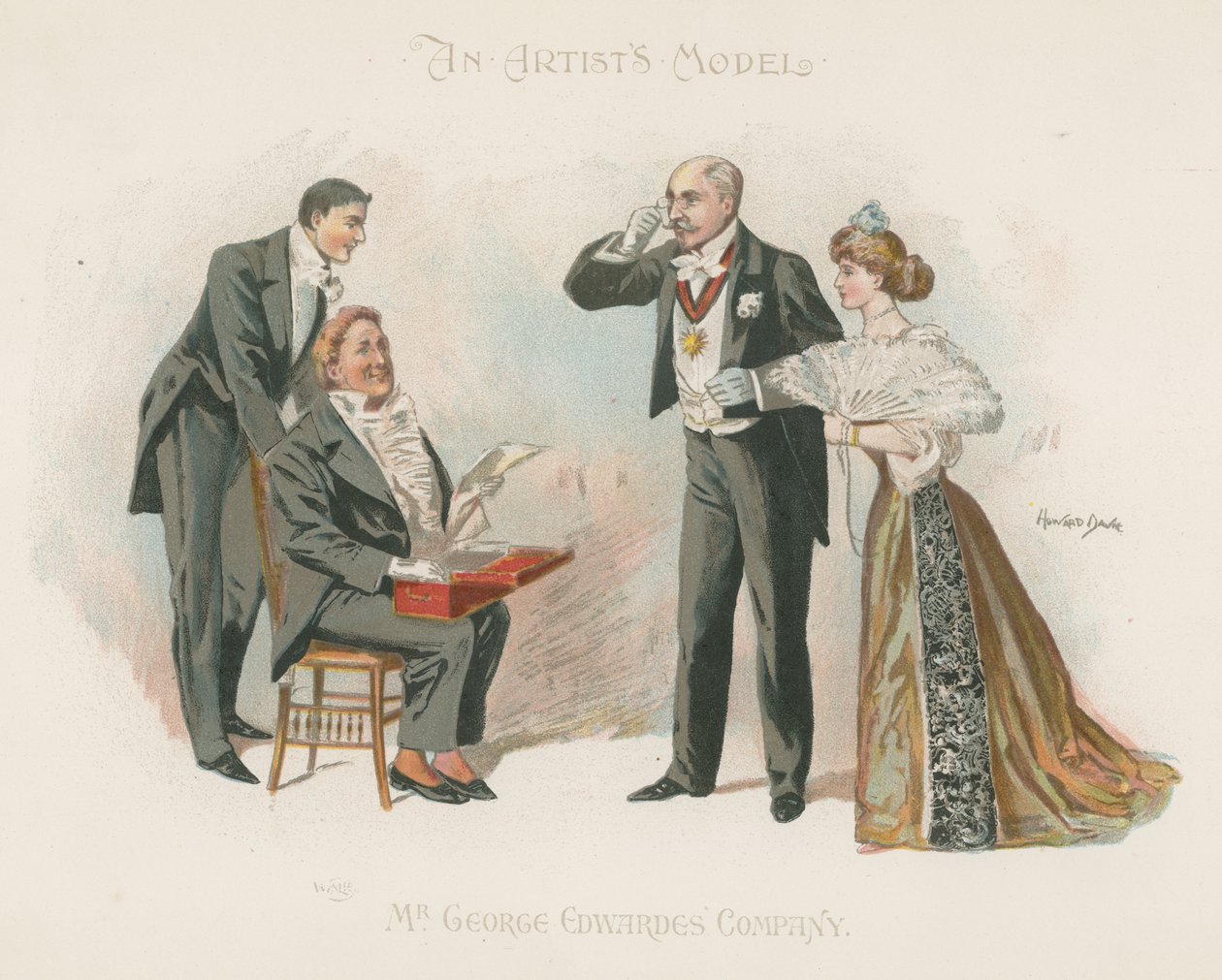 Trois hommes et une femme bien habillés (lithographie couleur) - Howard Davie