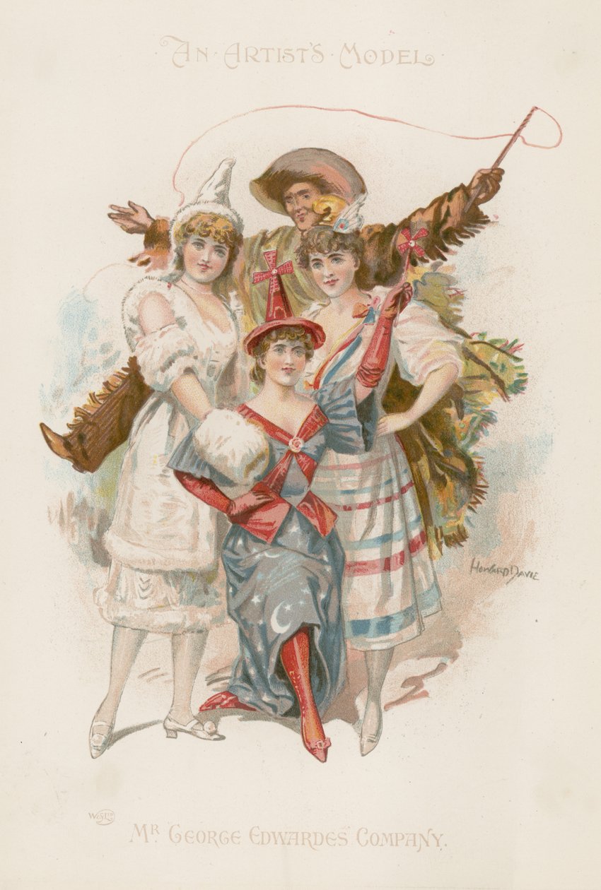 Trois danseuses en costume avec un homme tenant un fouet (lithographie couleur) - Howard Davie