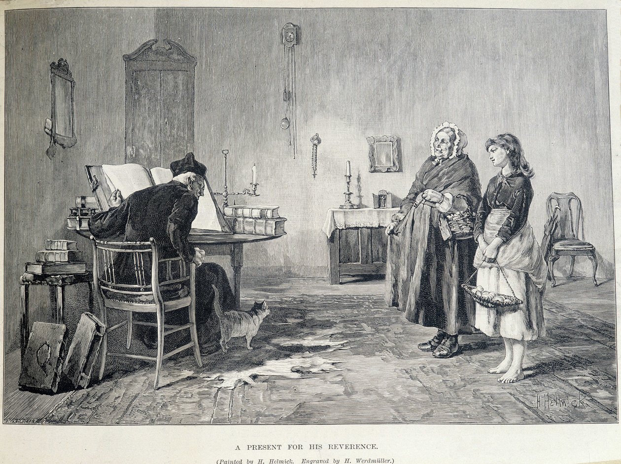 Deux femmes irlandaises apportent un cadeau à un religieux. Gravure de H. Werdmuller d