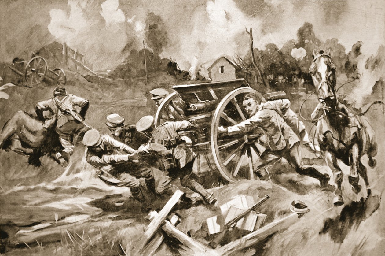 Sergent-maréchal T. Harrison sauvant des chevaux et des canons d