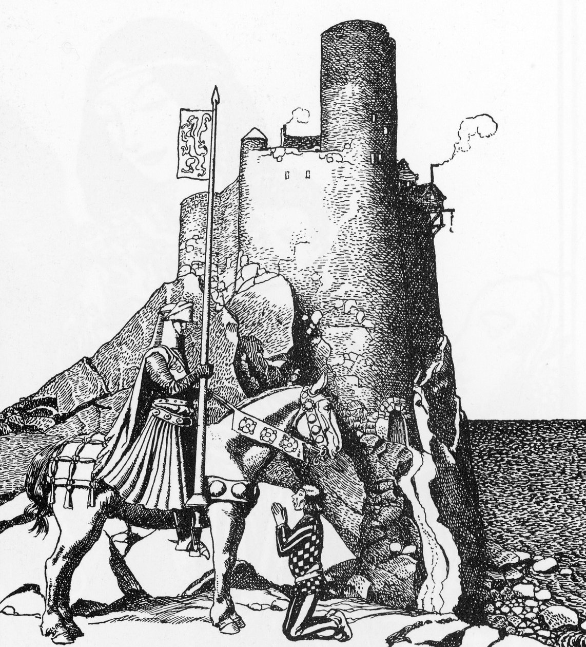Légende arthurienne : Tristan arrivant au château de Nabon Illustration par Howard Pyle (1853-1911) de « L