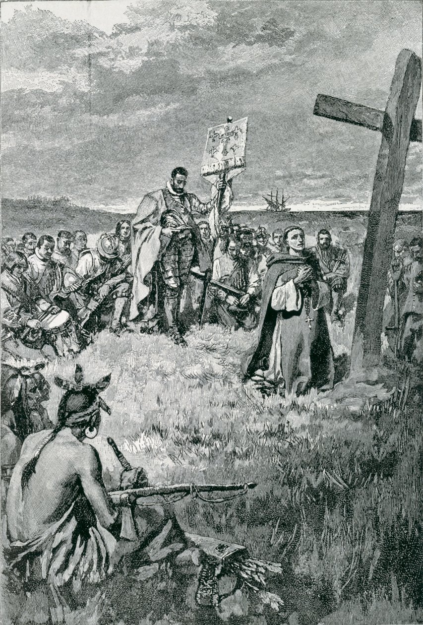 Jacques Cartier (1491-1557) érigeant une croix à Gaspé, illustration de 