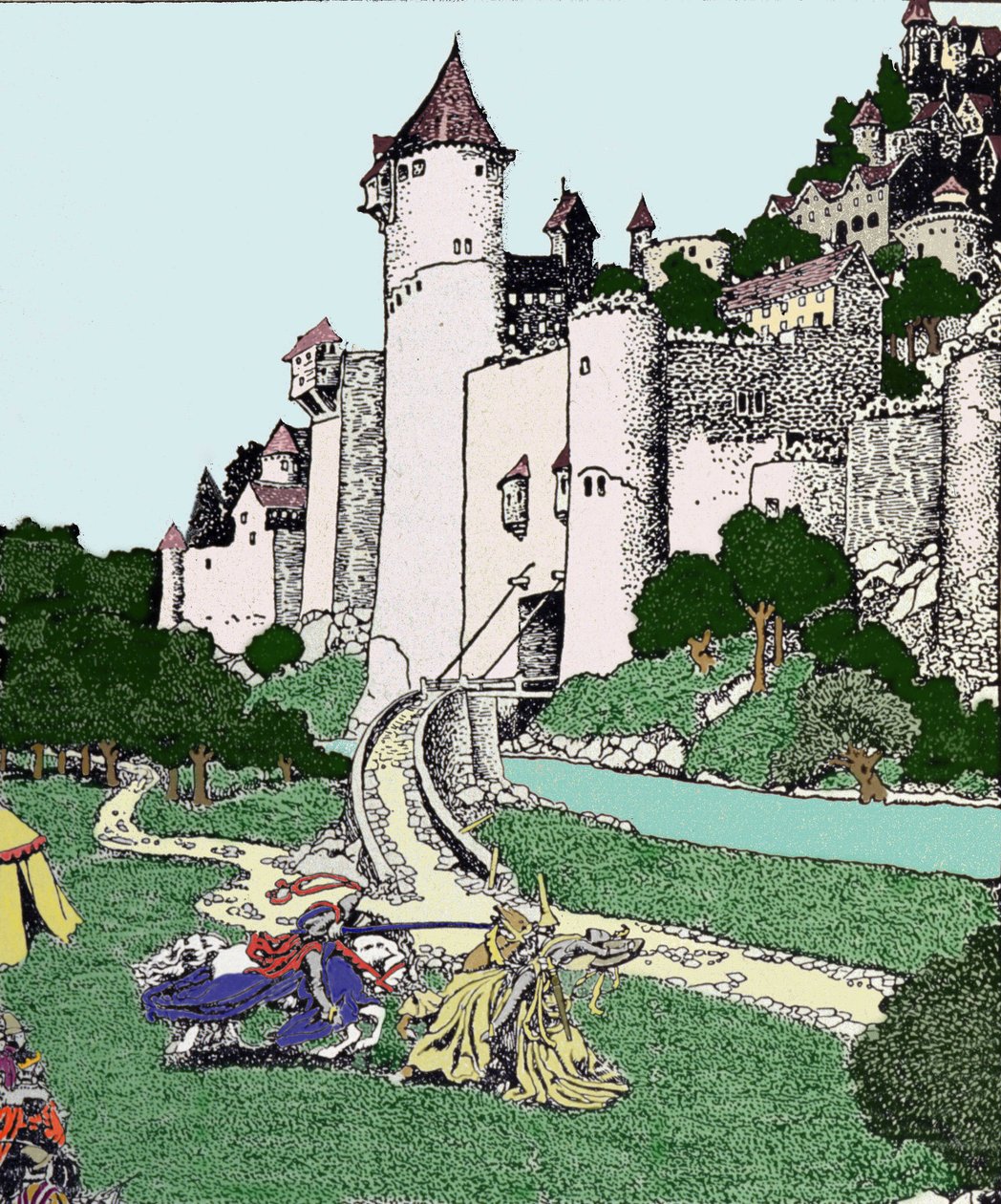 Le roi Arthur et le chevalier noir combattent dans la cour de Camelot - Howard Pyle