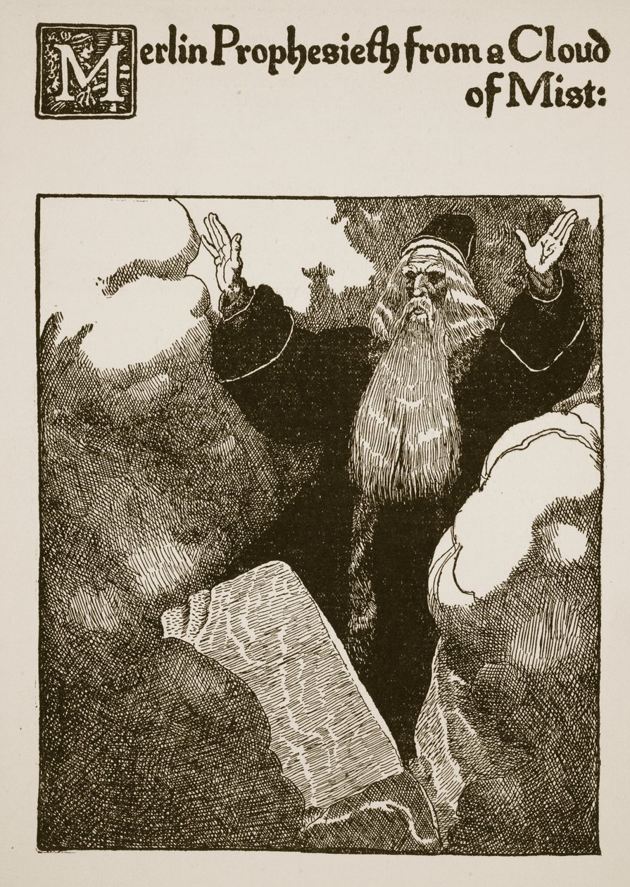 Merlin prophétise depuis un nuage de brume, illustration de 