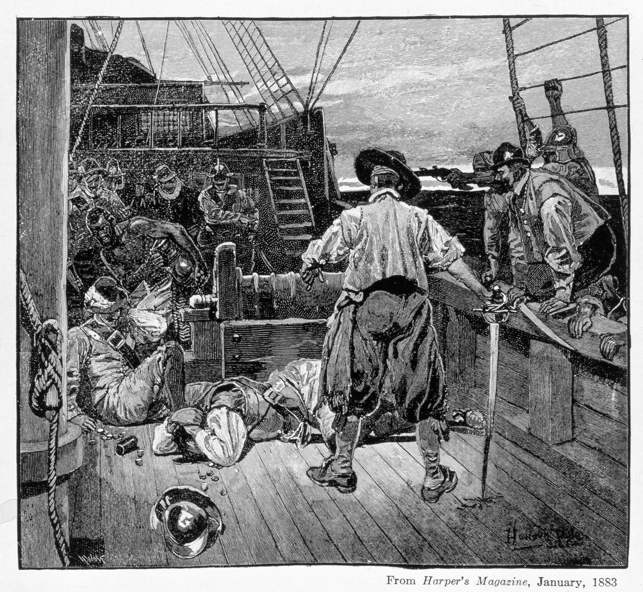 Thomas Moon commença à se battre avec son épée, gravé par Henry Wolf, de Harper