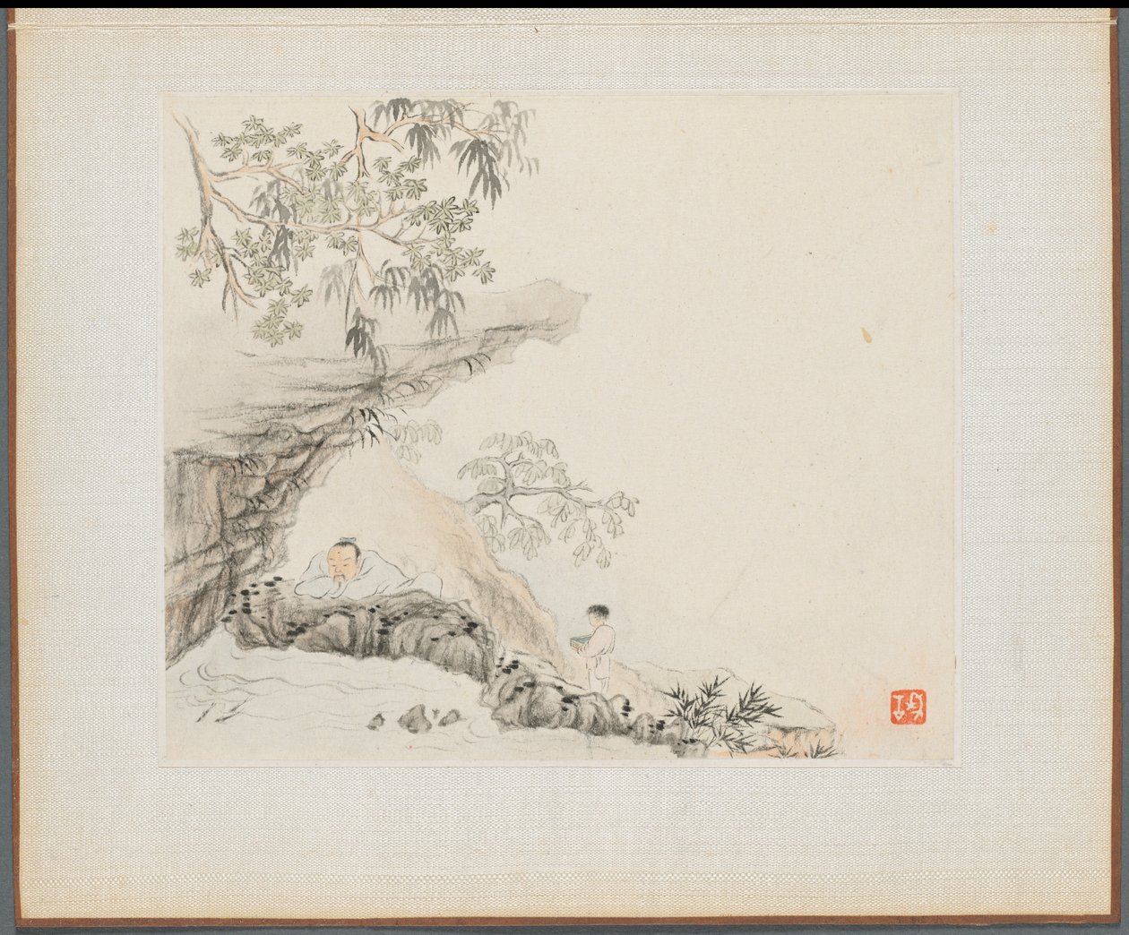 Album de peintures de paysages illustrant de vieux poèmes : Un homme allongé sous un surplomb rocheux - Hua Yan