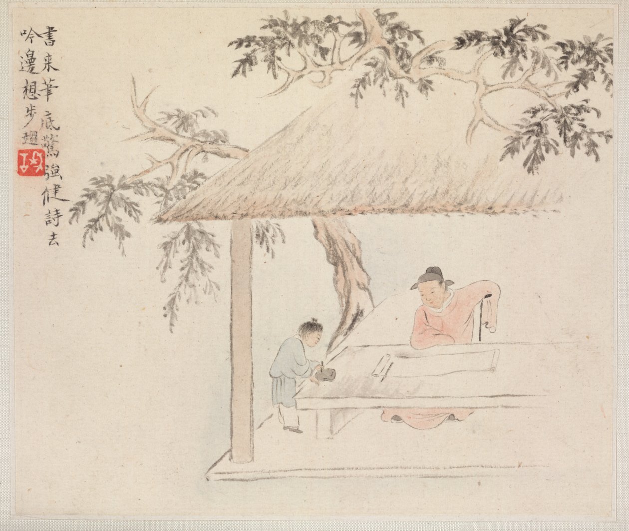 Album de Peintures de Paysages Illustrant de Vieux Poèmes : Un homme assis à une table devant un rouleau ouvert ; un garçon mélange de l