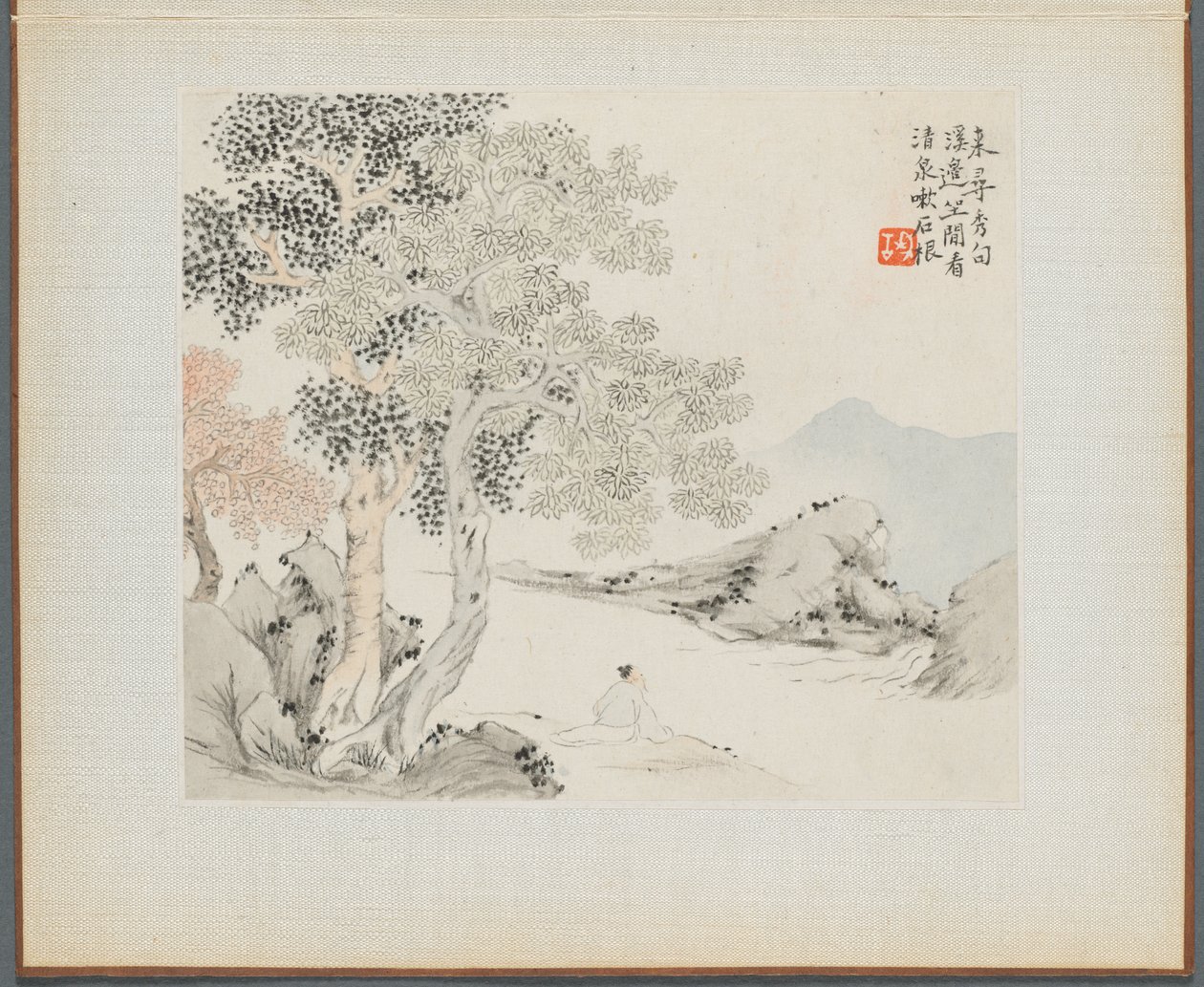 Album de Peintures de Paysages Illustrant de Vieux Poèmes : Trois grands arbres, un ruisseau avec un vieil homme assis sur la rive - Hua Yan