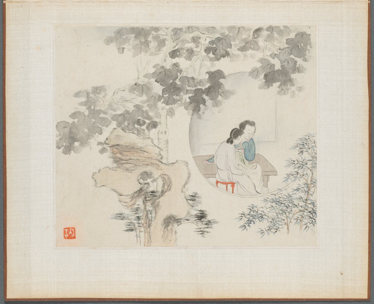 Album de peintures de paysages illustrant de vieux poèmes : Deux femmes assises à une table..., 1700s - Hua Yan