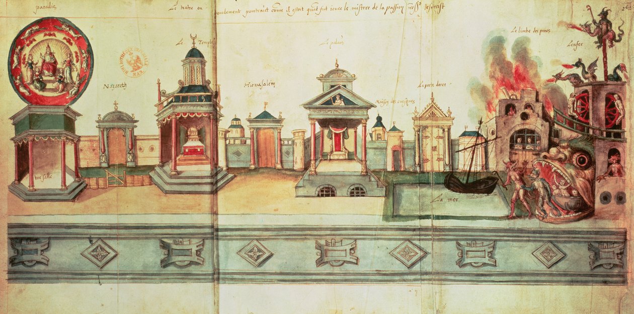 Ms fr.12536 f.2 Le décor pour le Mystère de Valenciennes, 1547 - Hubert Cailleau