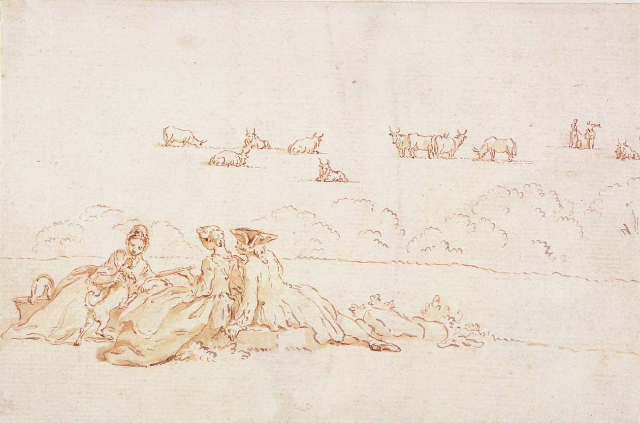 Un pique-nique : deux dames et un gentleman - Hubert Francois Gravelot