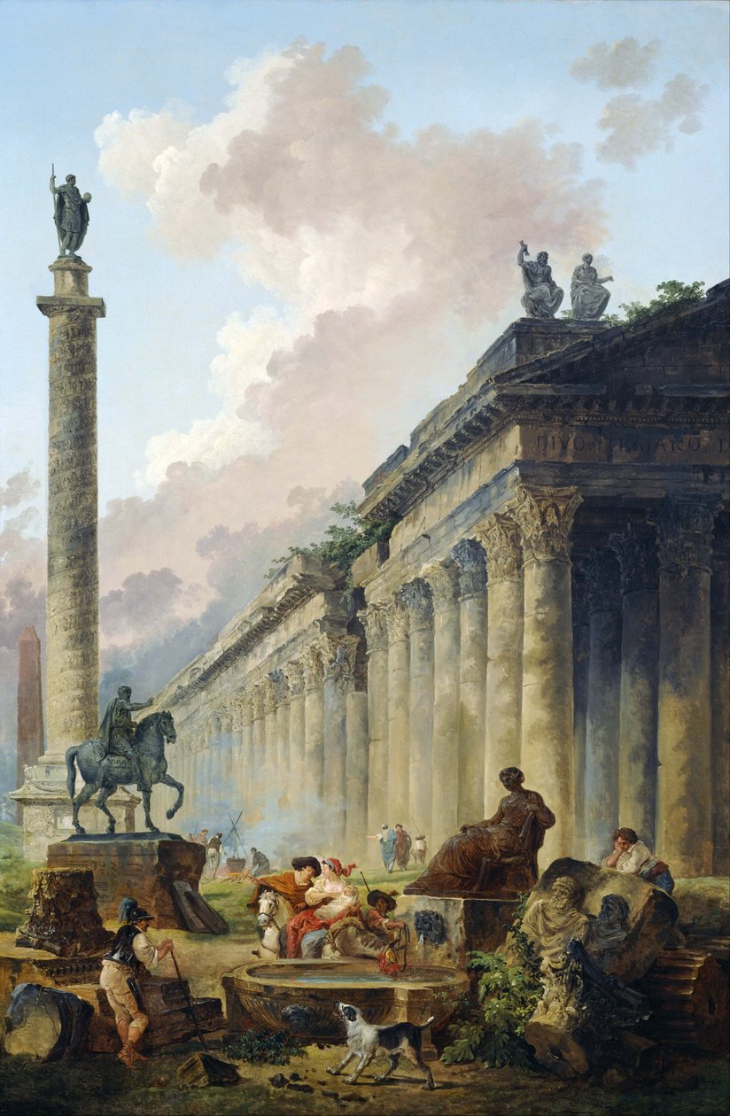 Vue imaginaire de Rome avec la statue équestre de Marc Aurèle, la colonne de Trajan et un temple - Hubert Robert