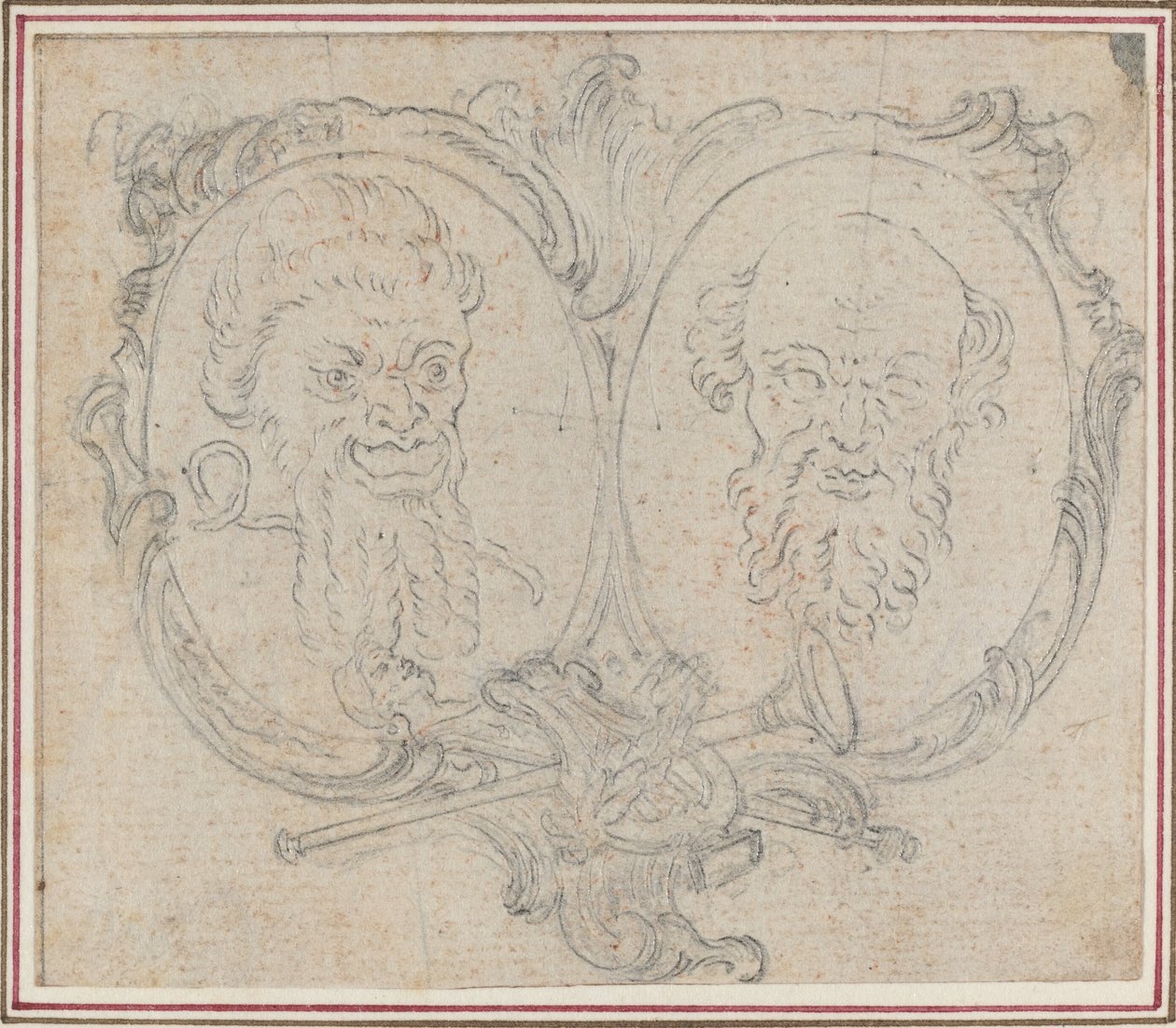 Double cartouche avec deux têtes et symboles de la renommée et de la folie - Hubert Francois Gravelot
