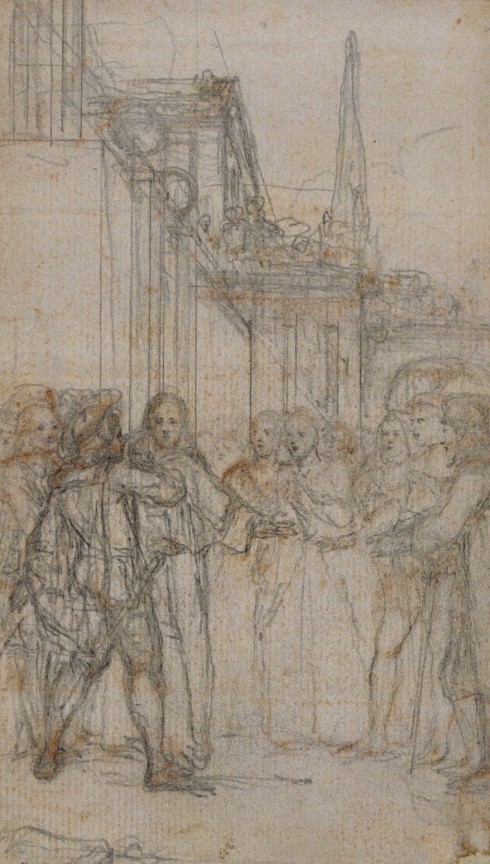 Illustration littéraire : Homme avec épée confrontant un groupe de figures devant un bâtiment - Hubert Francois Gravelot