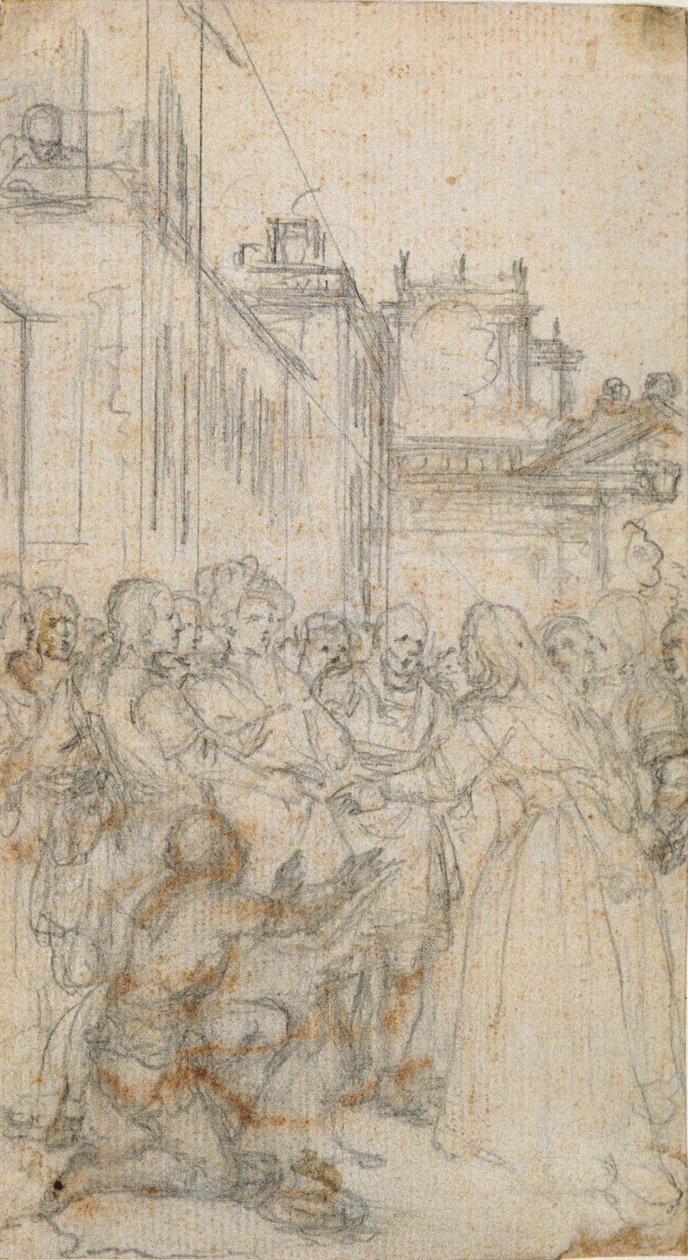 Illustration littéraire avec groupe de figures suppliant un homme - Hubert Francois Gravelot
