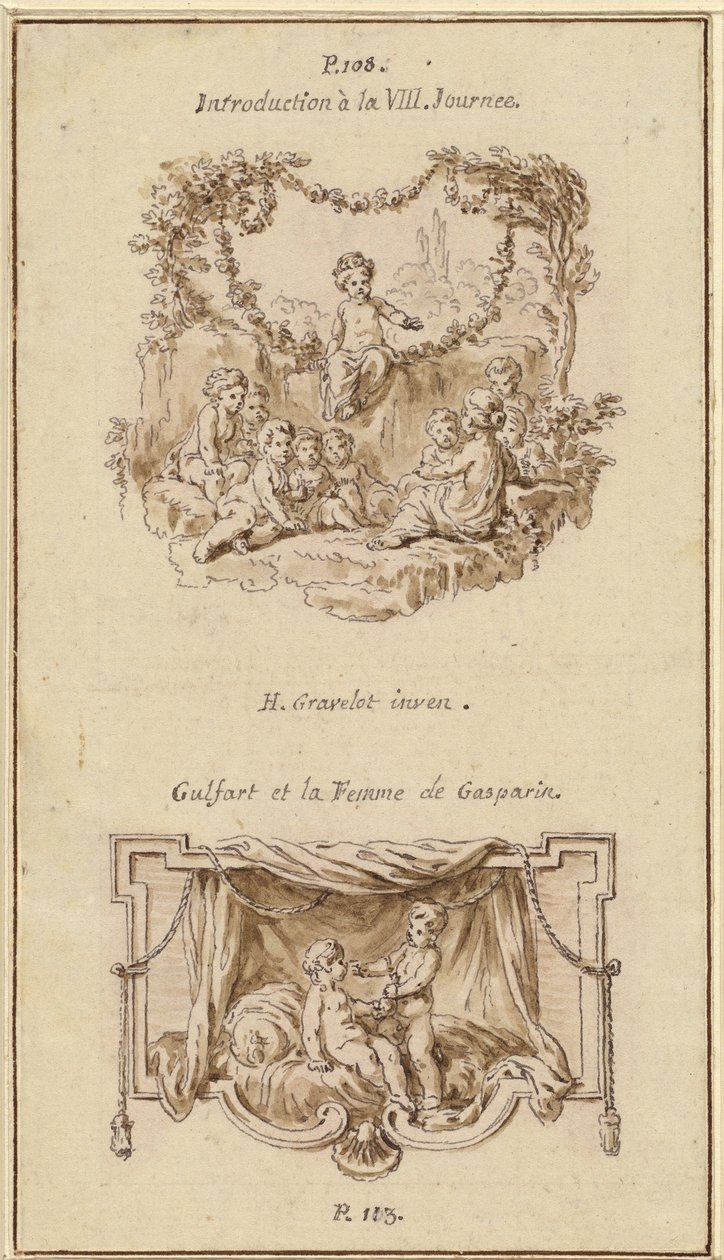 Neuf enfants écoutant une fille raconter une histoire; Un garçon remettant une bourse à une fille assise sur un lit - Hubert Francois Gravelot