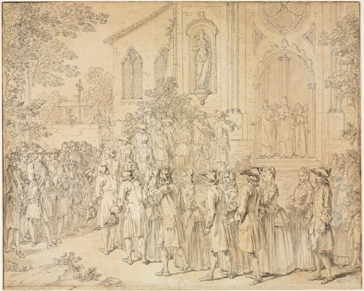 Une procession entrant dans une église - Hubert François Bourguignon Gravelot