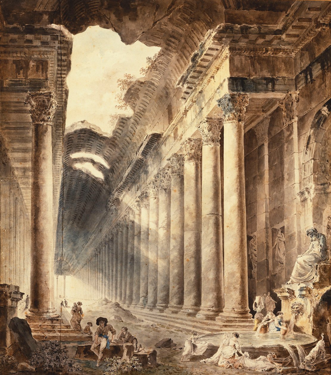 Un bâtiment thermal à colonnades, le toit partiellement ouvert au ciel, avec des filles lavant des vêtements à une fontaine sous une statue - Hubert Robert