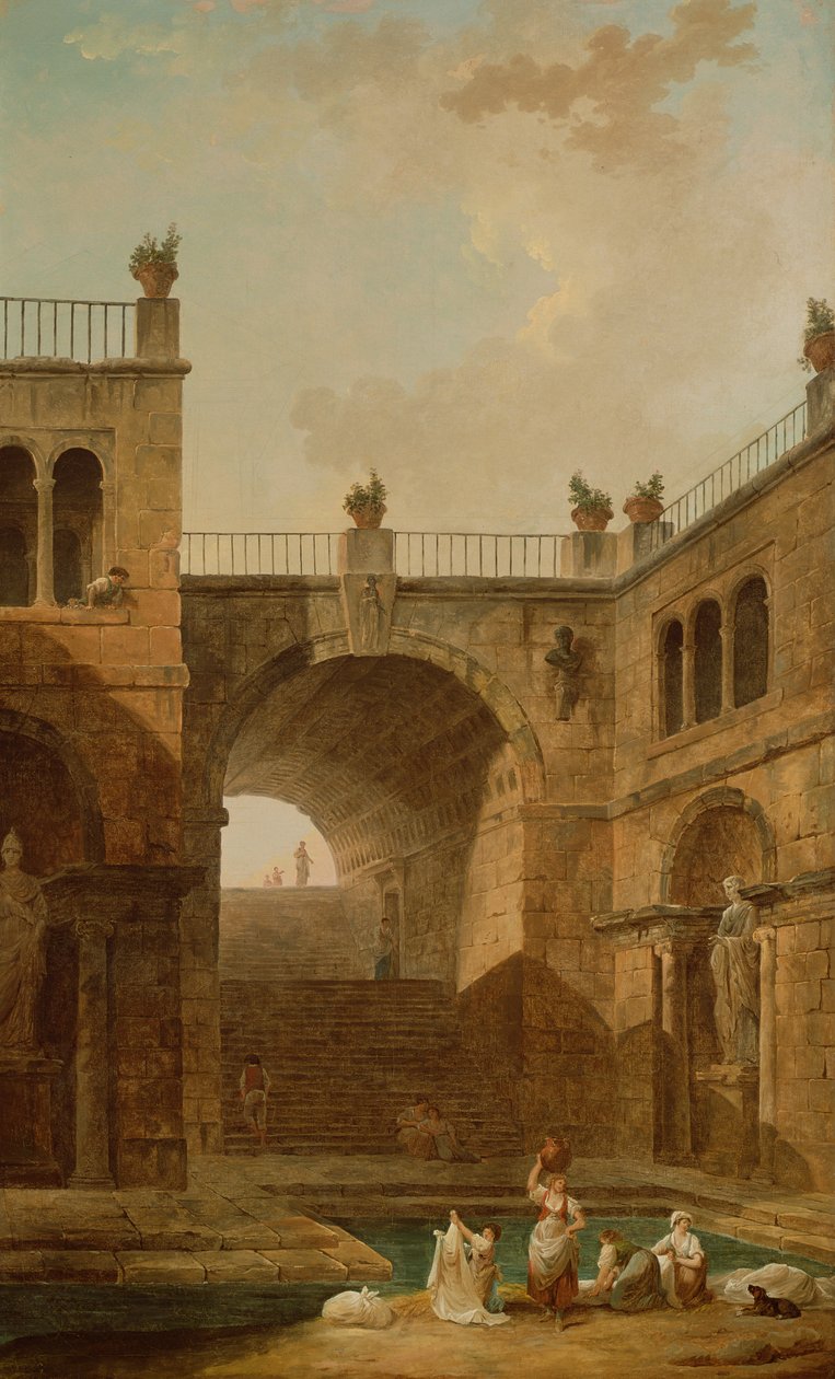 Scène architecturale avec femmes lavant des vêtements à une piscine - Hubert Robert