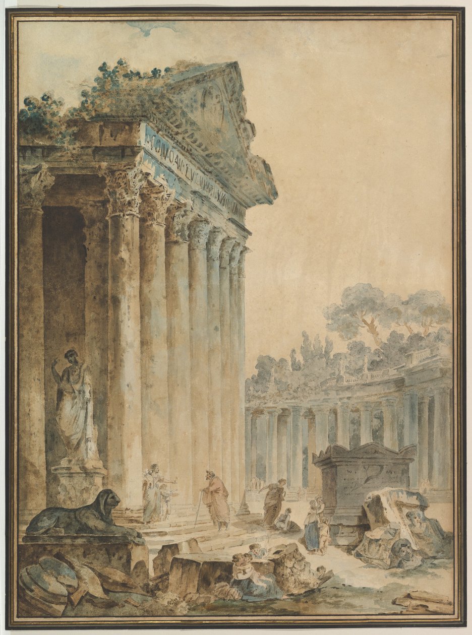 Capriccio avec un temple antique - Hubert Robert