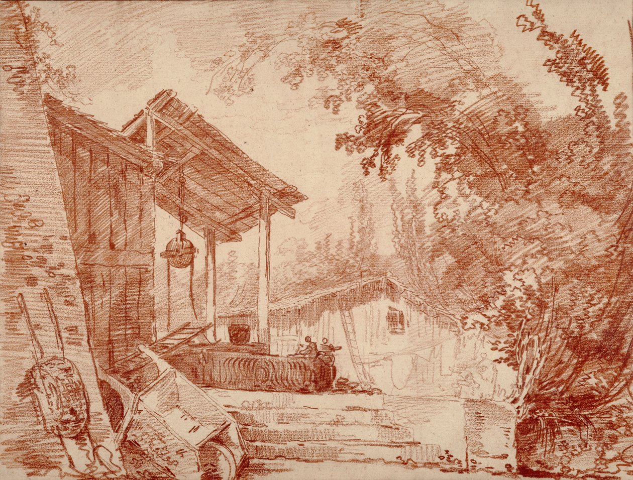 Cour de ferme avec deux personnages près d