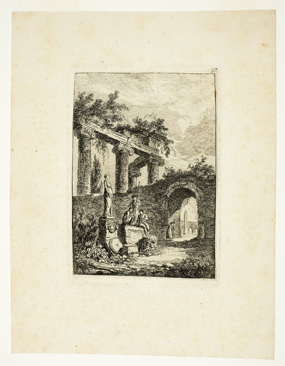 La statue devant les ruines, troisième planche des Soirées de Rome - Hubert Robert
