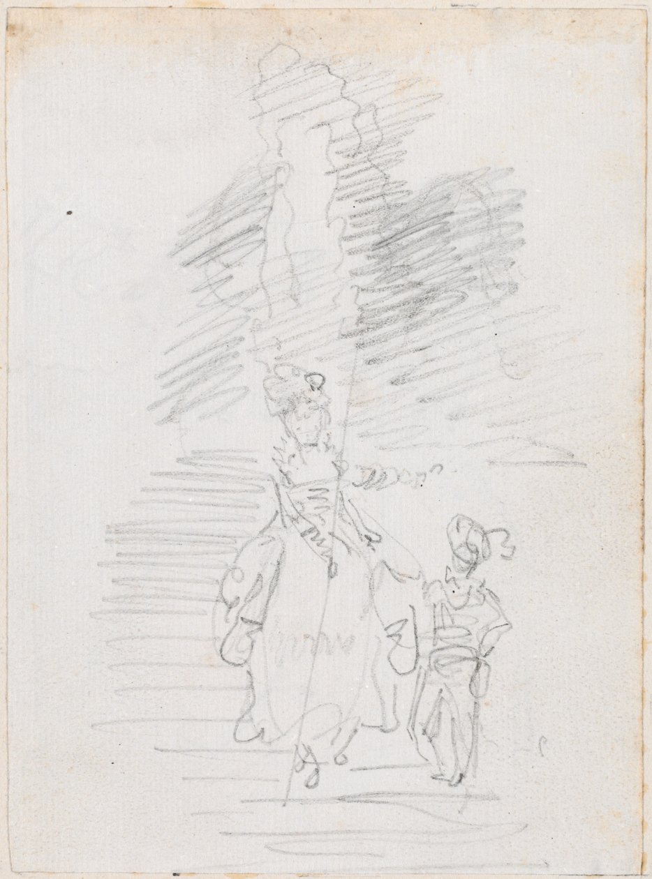 Femme et petite figure masculine sur un grand escalier [recto] - Hubert Robert
