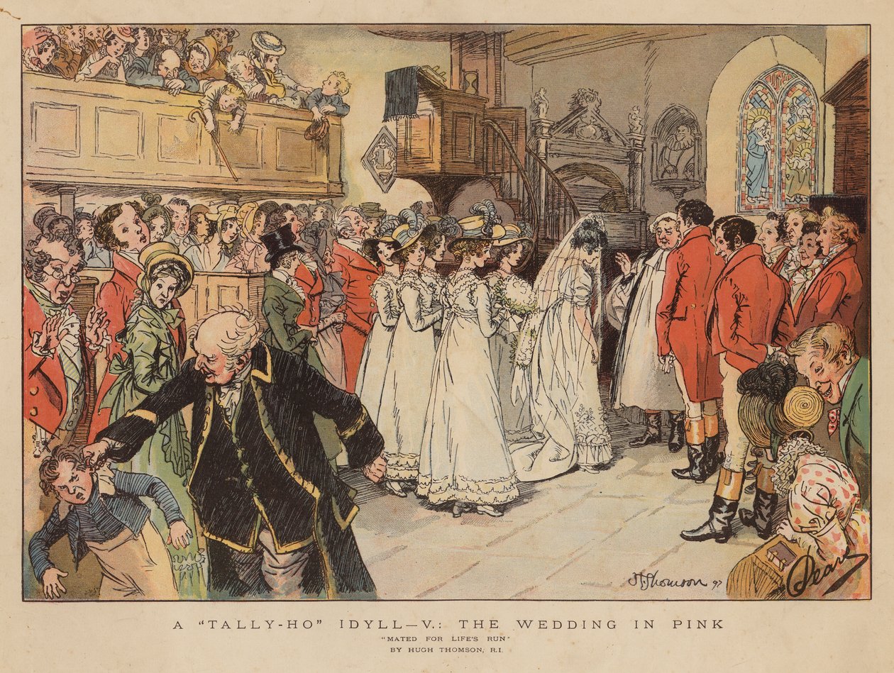 Une idylle à Tally-Ho : le mariage en rose (lithographie couleur) - Hugh Thomson