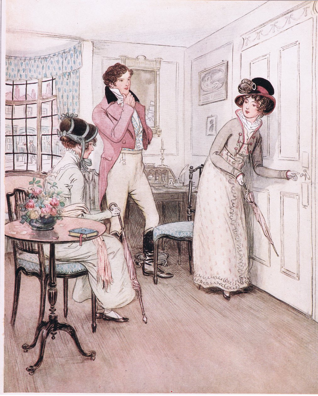 Mlle Henrietta et Mlle Fanny, encouragées par cette sympathie, se rapprochent de la porte de la chambre intéressante. - Hugh Thomson