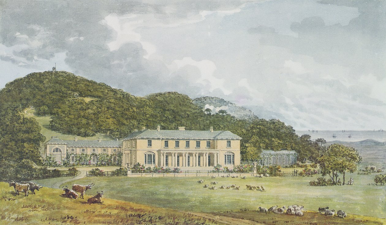 Façade sud avec façade ouest en perspective, du Livre Rouge pour Antony House, c.1812 - Humphry Repton