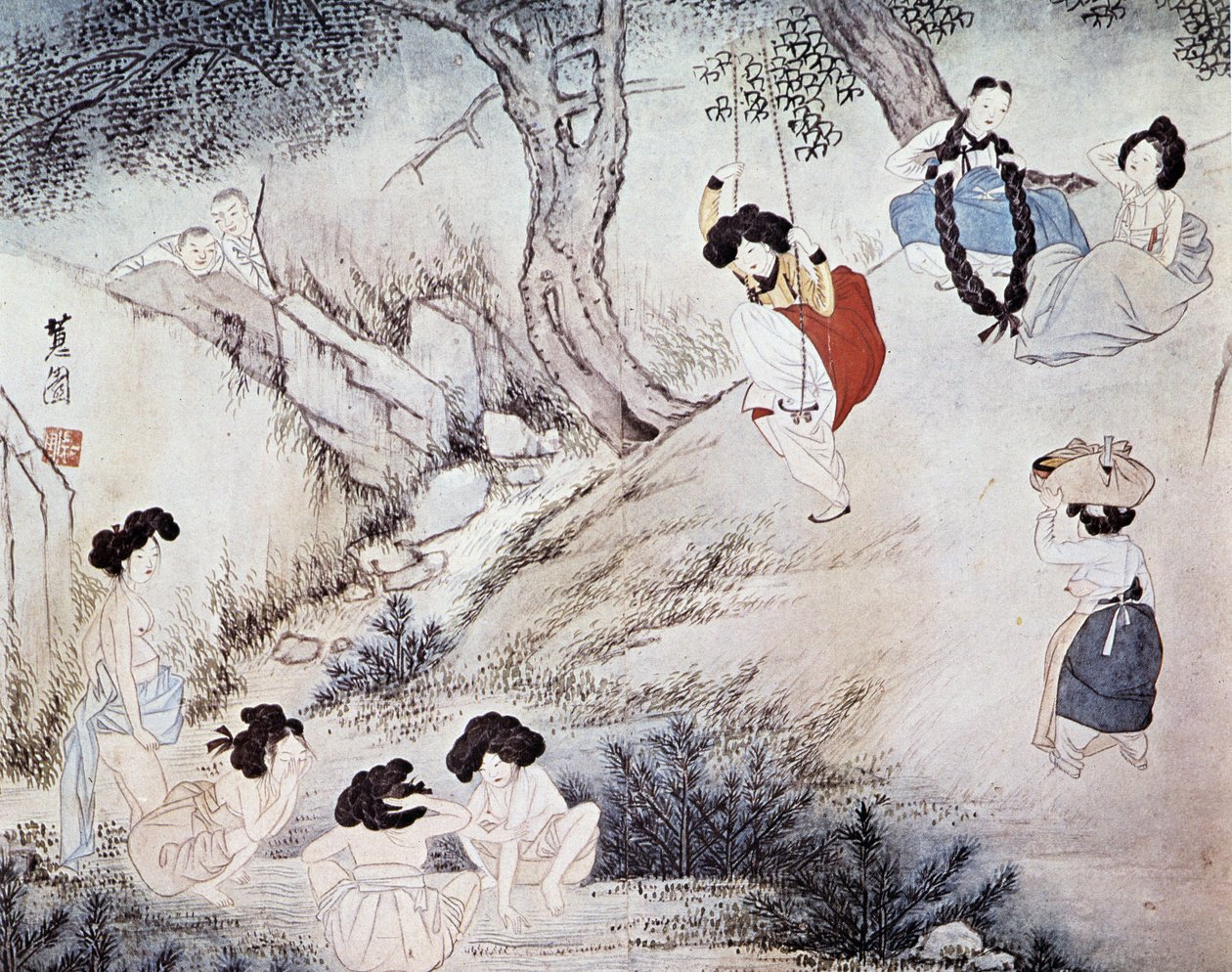Femmes en plein air (bain dans la rivière et balançoire) et deux hommes les regardant, Kree - Hyewon