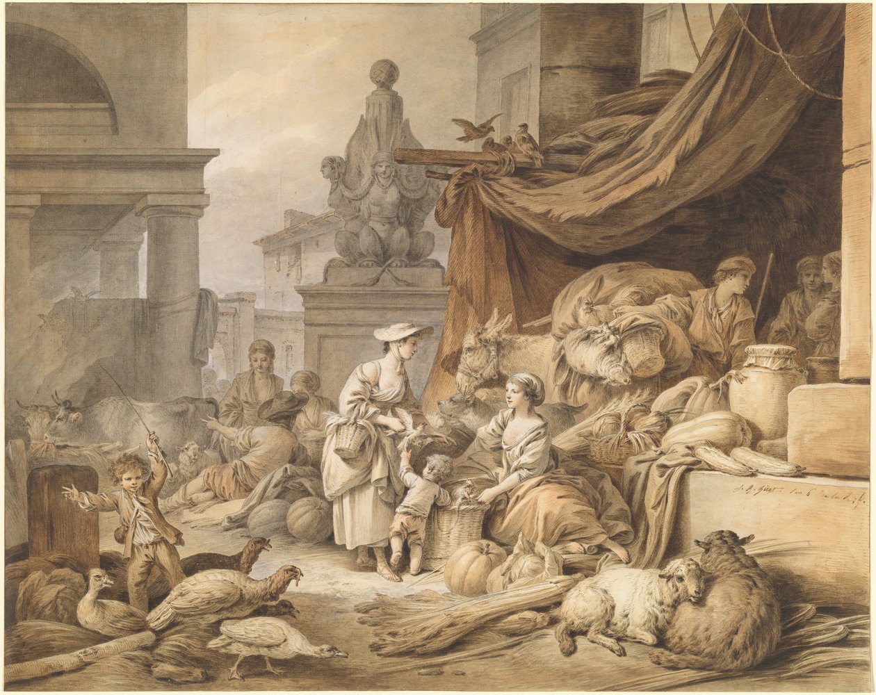 Scène de marché avec une sculpture fantastique - I Jean Baptiste Hüet
