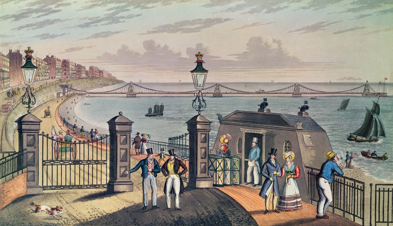 La jetée à chaînes sur le front de Brighton, conçue et érigée par le capitaine S. Brown R.N. en 1823, gravée et publiée par l