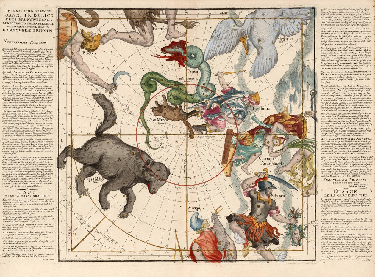 Pôle Nord, Planche 1 de Globi coelestis in tabulas planas redacti descriptio, pub. 1674 - Ignace Gaston Pardies