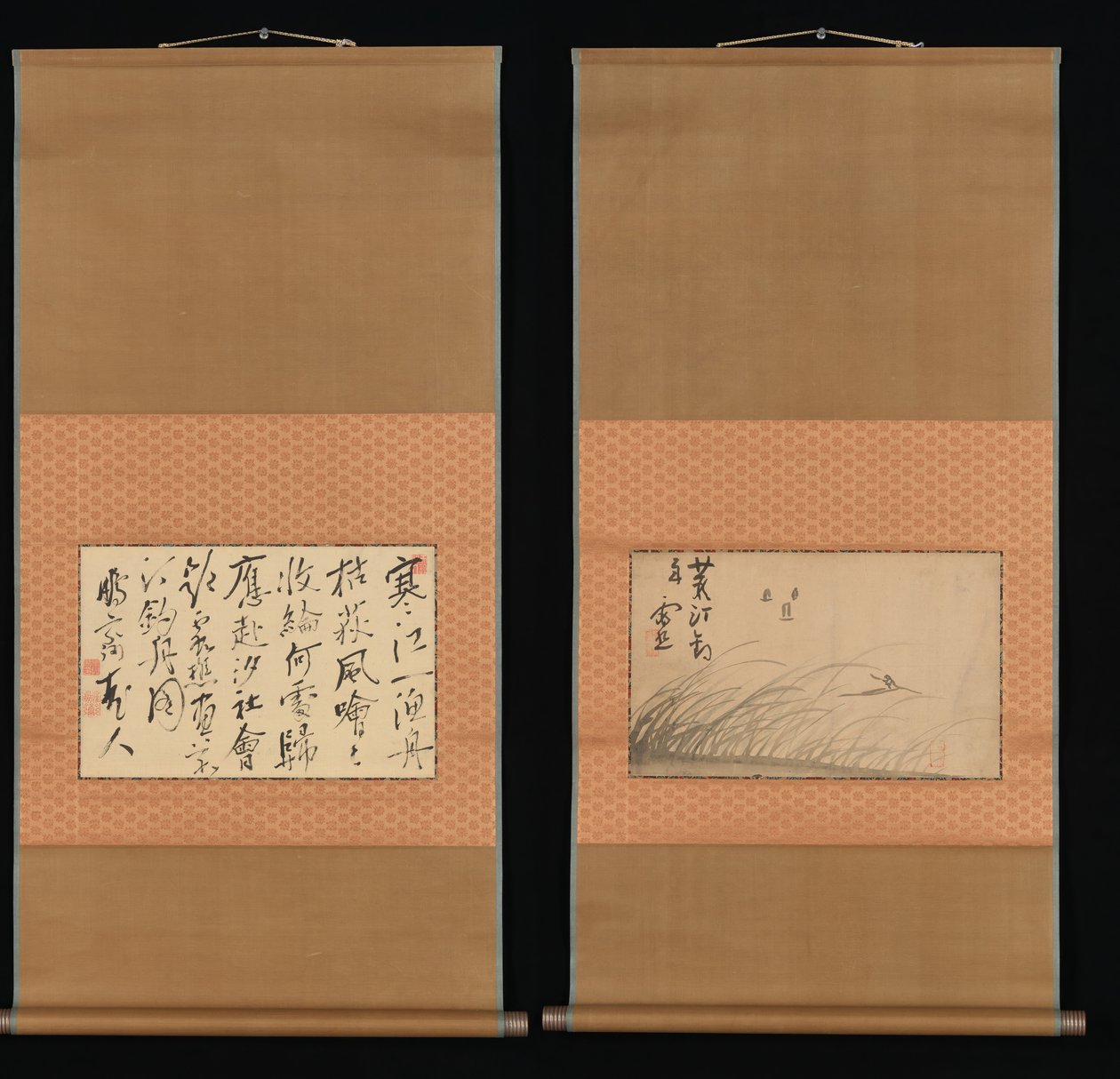 Bateau de pêche sur une rive couverte de roseaux et calligraphie, 18ème-19ème siècle - Ike no Taiga