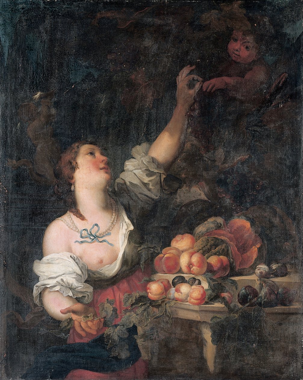 Une femme cueillant des raisins et un putto près d
