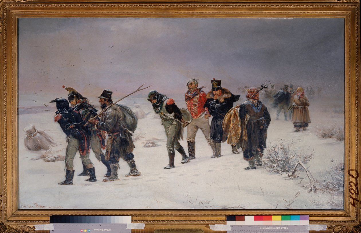 En 1812. (Les prisonniers capturés de la Grande Armée de Napoléon marchent dans la neige, à bout de force, escortés par des paysans russes) - Illarion Mikhailovich Pryanishnikov