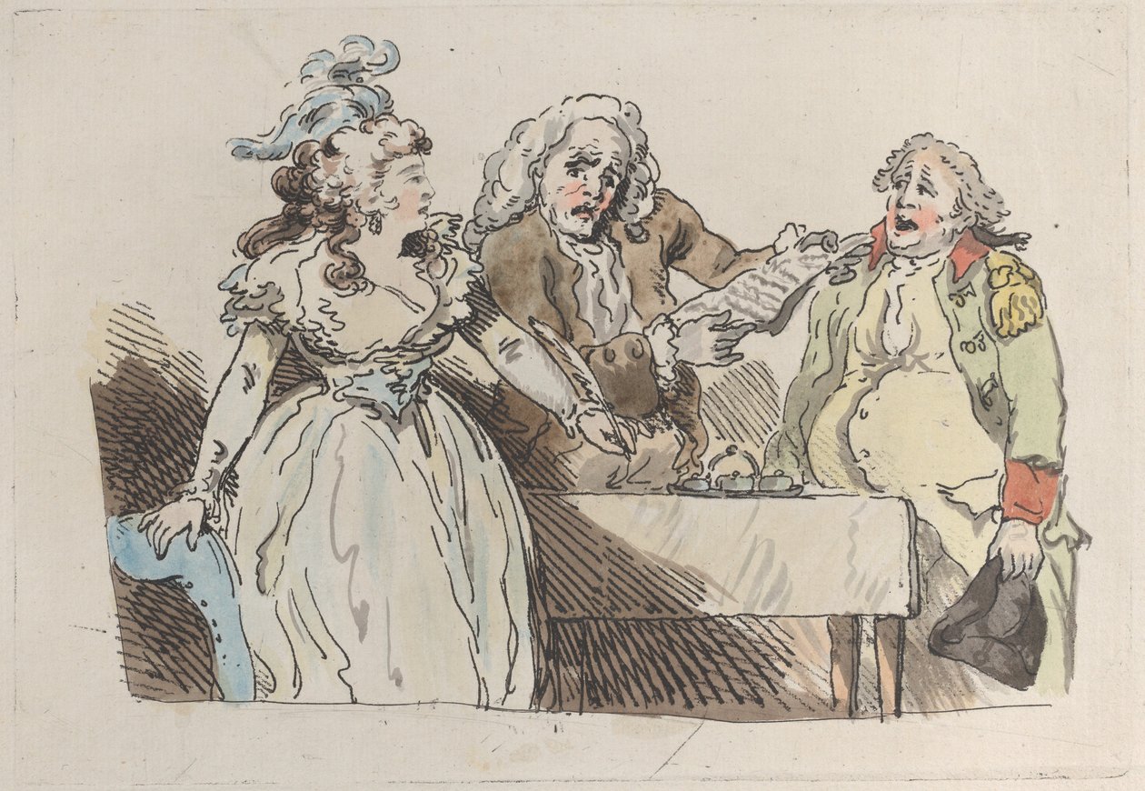 Une jeune héritière se prépare à signer un document, 1780-1800 - Imitator of Thomas Rowlandson.