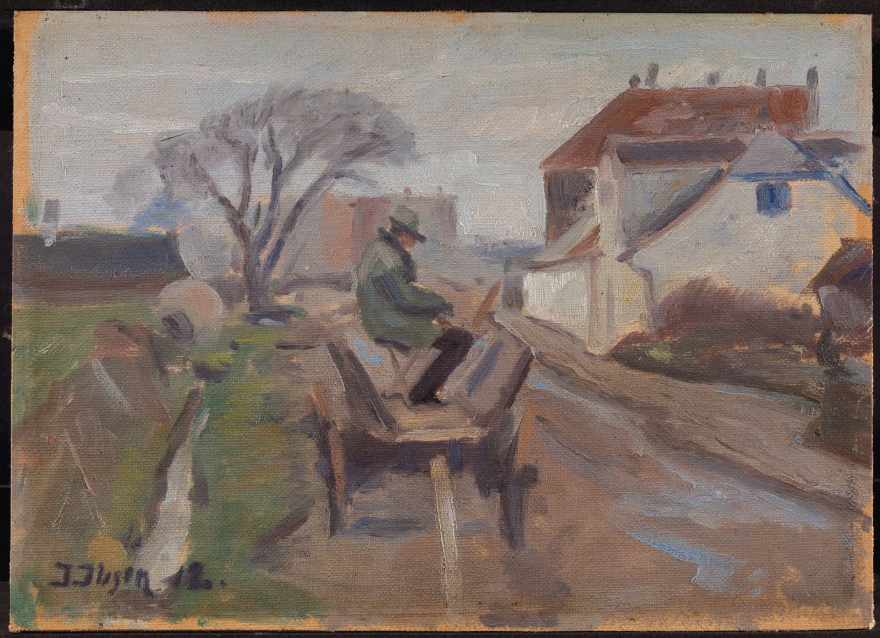 Le peintre Ølund Hansen assis dans une charrette peignant - Immanuel Ibsen
