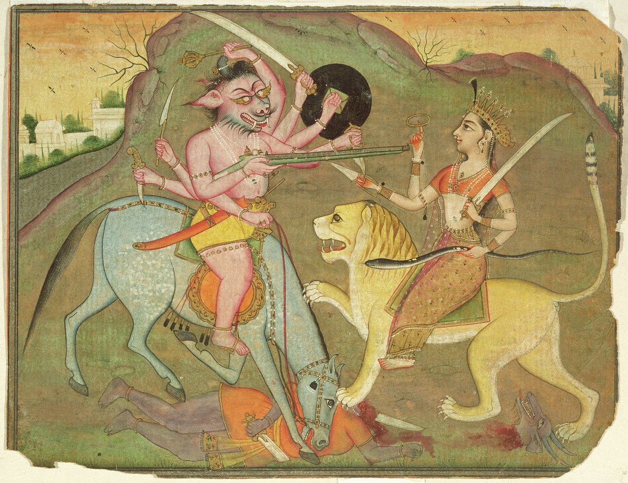 Durga en combat avec Mahishasura, du folio de 