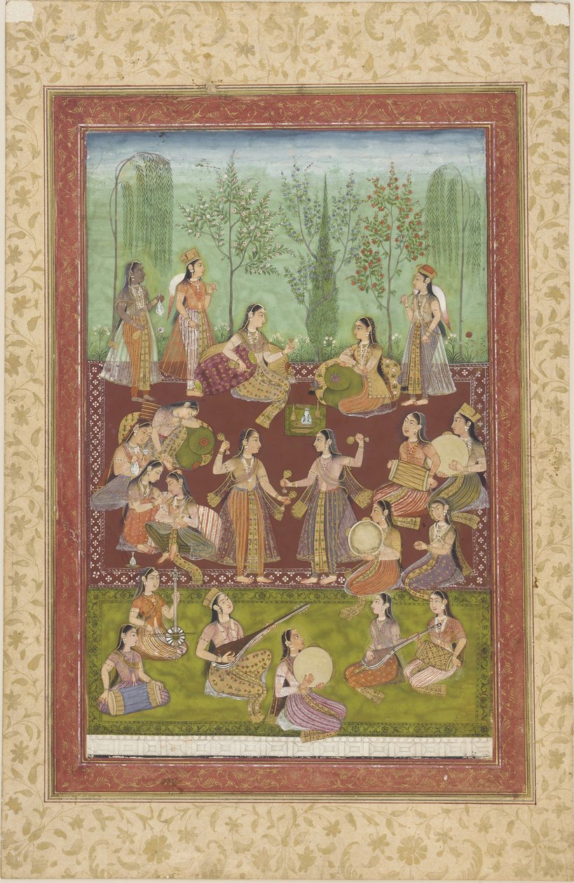Un groupe de femmes dans un jardin, se divertissant avec de la musique et de la danse - Indian School