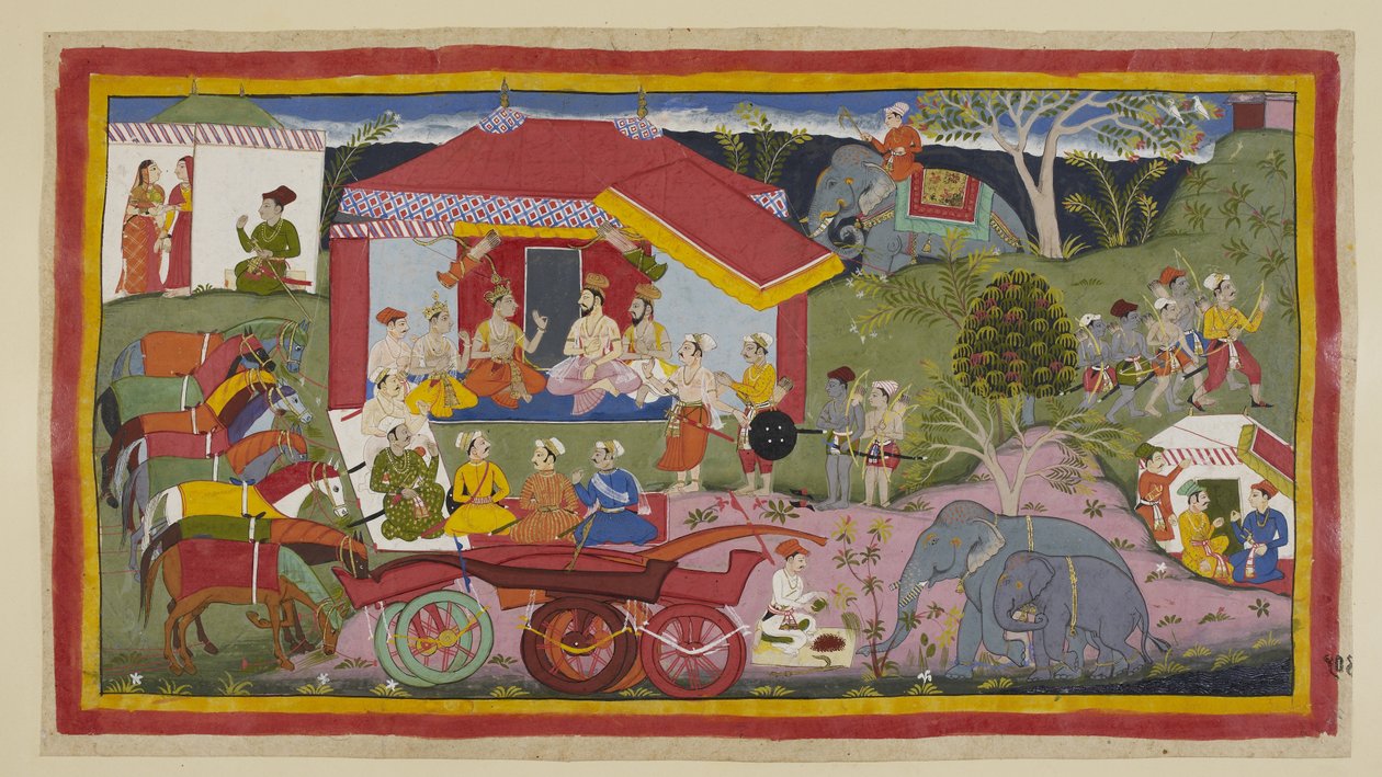 Dans une scène de campement, Guha le roi Nishada est introduit dans la réunion des princes, des brahmanes et des ministres. Les chevaux, dételés des chars, se tiennent en ligne attachés et entravés, tandis qu