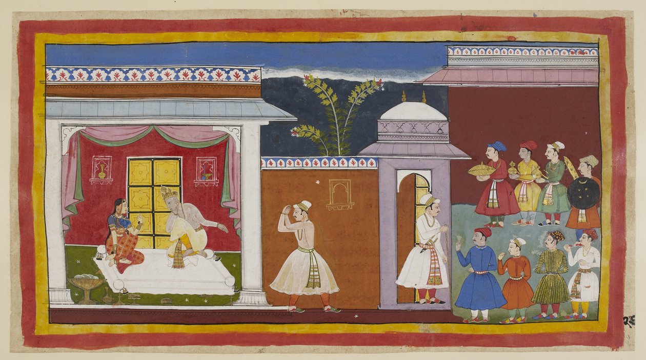 Add 15296 (1) f.27r, Vasistha a dit à Sumantra de dire au roi que tout est prêt, et il en informe Dasaratha. Il est dit par Kaikeyi, avec l