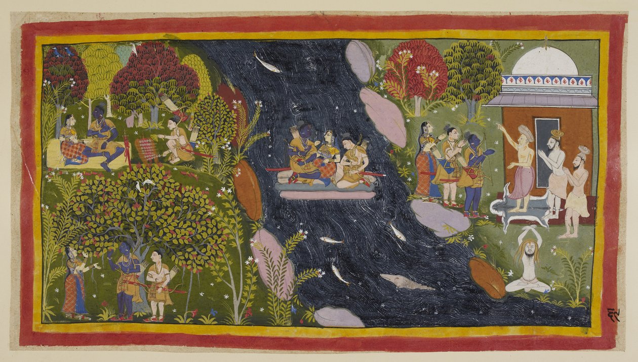 Bharadvāja, à droite dans son ermitage, conseille aux voyageurs le chemin vers Citrakuta. Au centre, ils traversent la Yamunā sur un radeau improvisé, avec Sita priant à nouveau la déesse de la rivière pour un retour en toute sécurité - Indian School