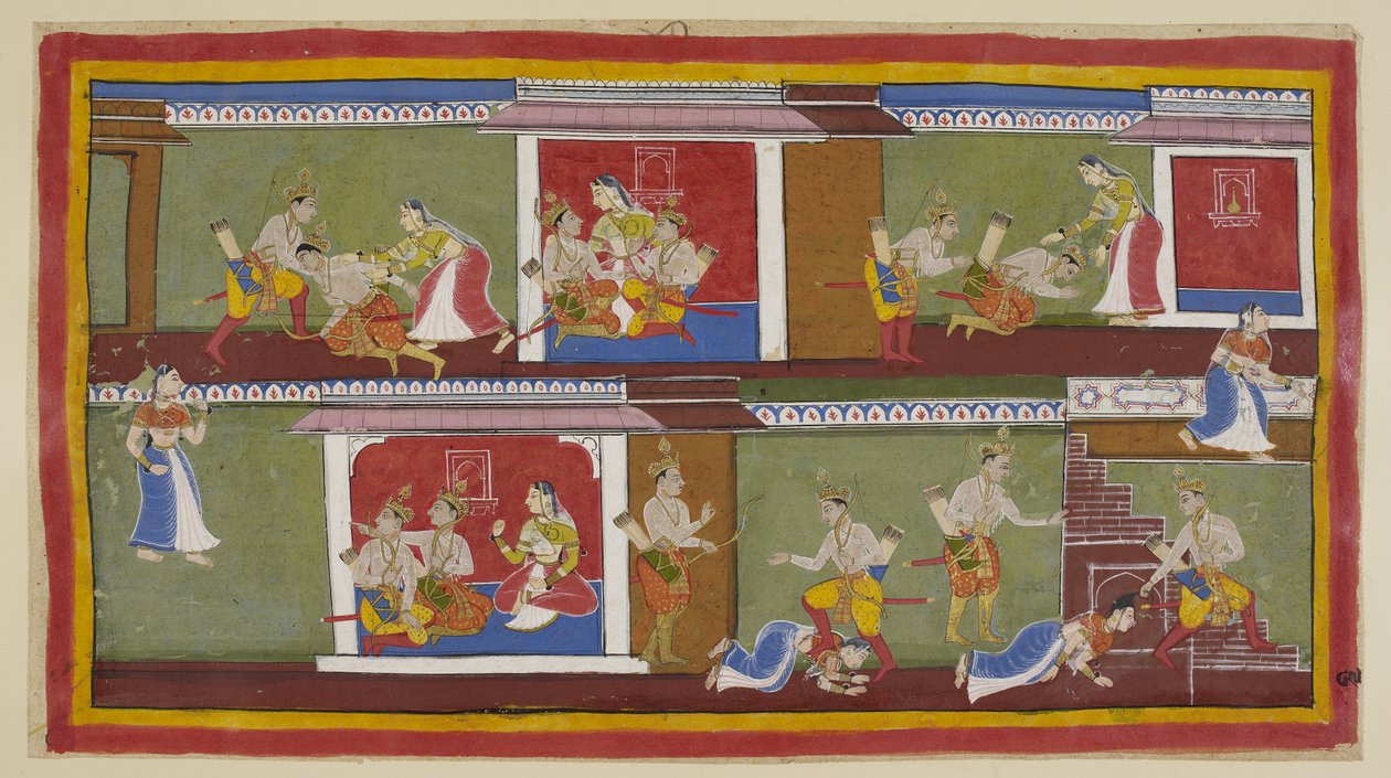 Bharata et Shatrughna saluent Kaikeyi, qui les prend sur ses genoux et ils discutent des événements récents - Indian School