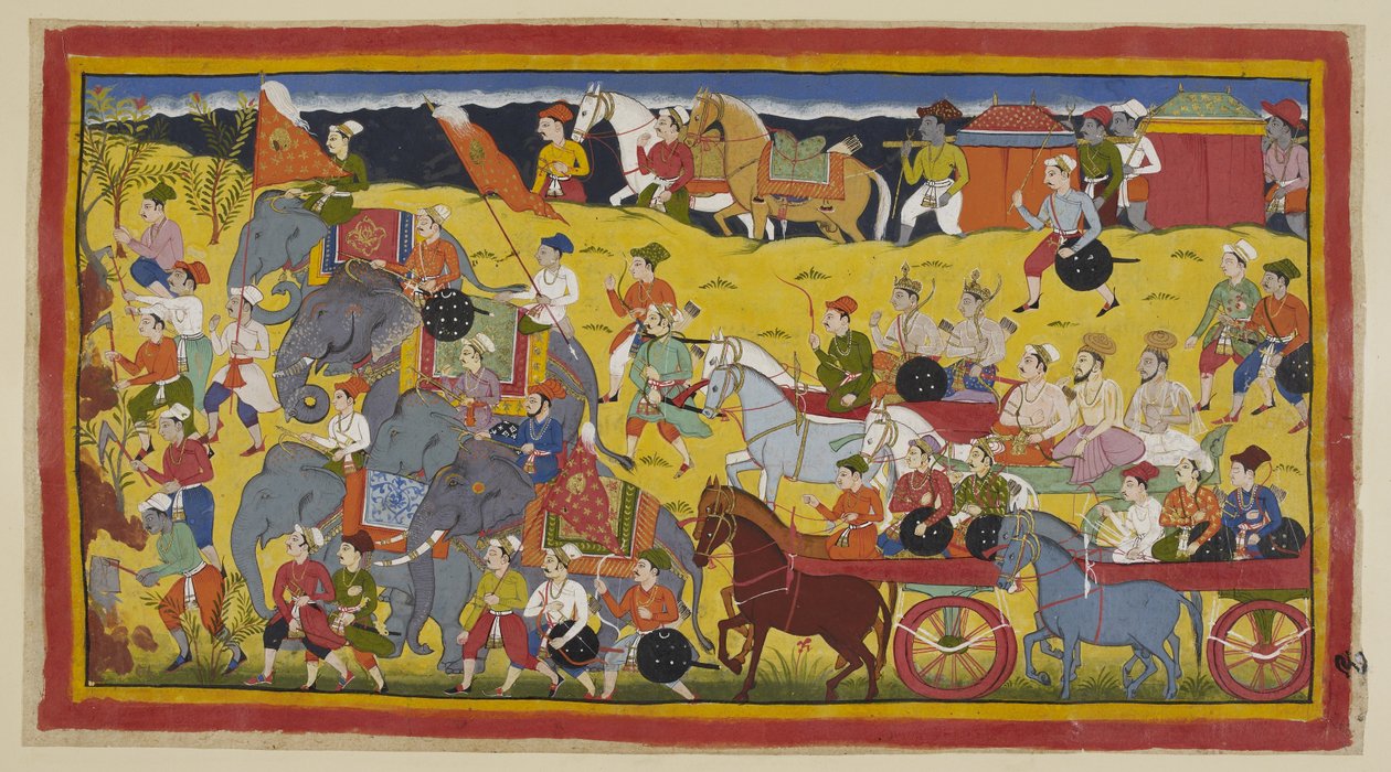 Les princes avec leurs gourous, ministres et armée partent pour la forêt, précédés par des hommes abattant les arbres pour faire un chemin et par les éléphants royaux. Deux litières transportent les reines, précédées par deux chevaux de selle menés. - Indian School