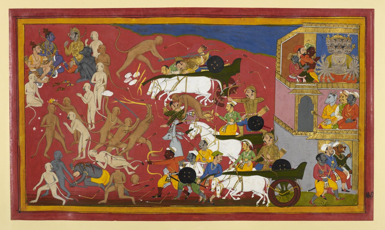 Akampana est tué par Hanumān ; le conseil de Rāma planifie la retraite des démons. - Indian School